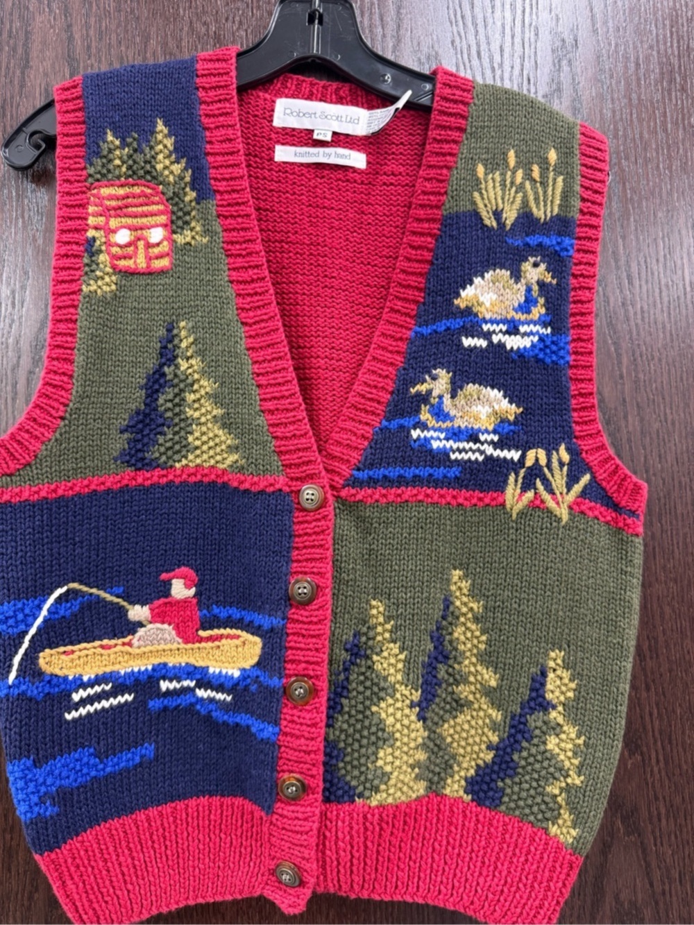 Robert Scott Ltd Vintage Hand Knitted Nature Scene Sweater Vest- Petite Small